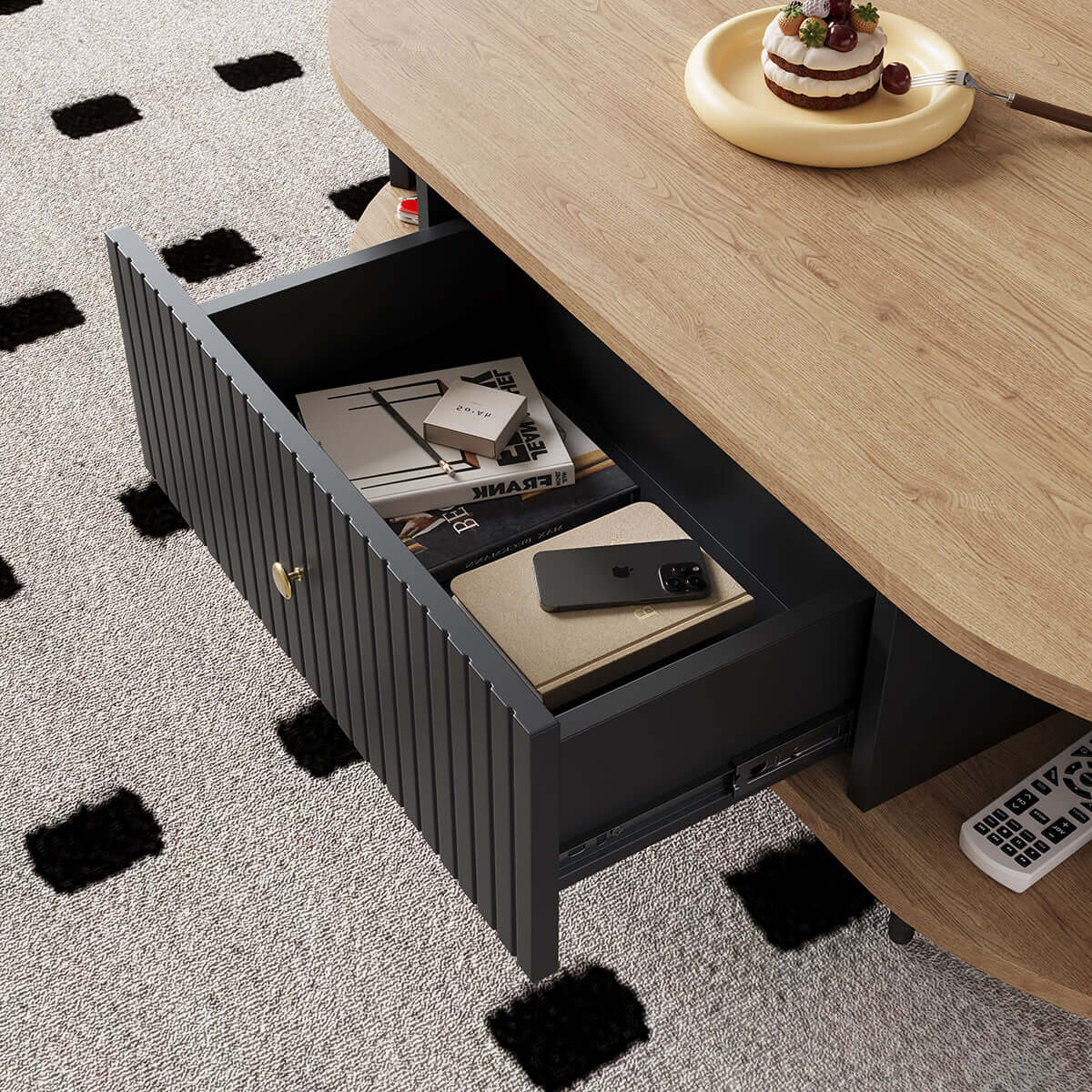 Mid-Century Modern Oval Coffee Table with Fluted Drawer and Open Shelf