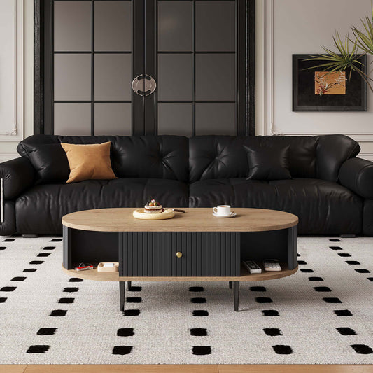 Mid-Century Modern Oval Coffee Table with Fluted Drawer and Open Shelf