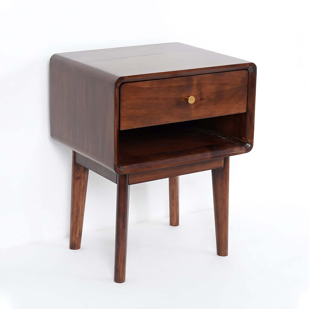 Mid-Century Modern Pine Wood Nightstand With Drawer