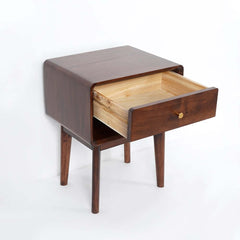 Mid-Century Modern Pine Wood Nightstand With Drawer