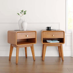 Mid-Century Modern Pine Wood Nightstand With Drawer