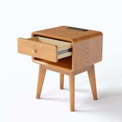 Mid-Century Modern Pine Wood Nightstand With Drawer