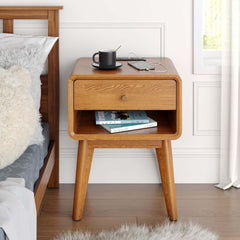 Mid-Century Modern Pine Wood Nightstand With Drawer