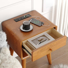 Mid-Century Modern Pine Wood Nightstand With Drawer