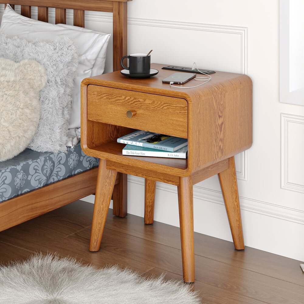 Mid-Century Modern Pine Wood Nightstand With Drawer