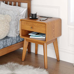Mid-Century Modern Pine Wood Nightstand With Drawer