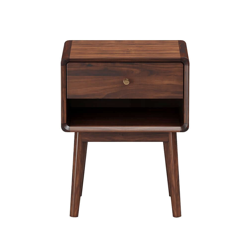 Mid-Century Modern Pine Wood Nightstand With Drawer