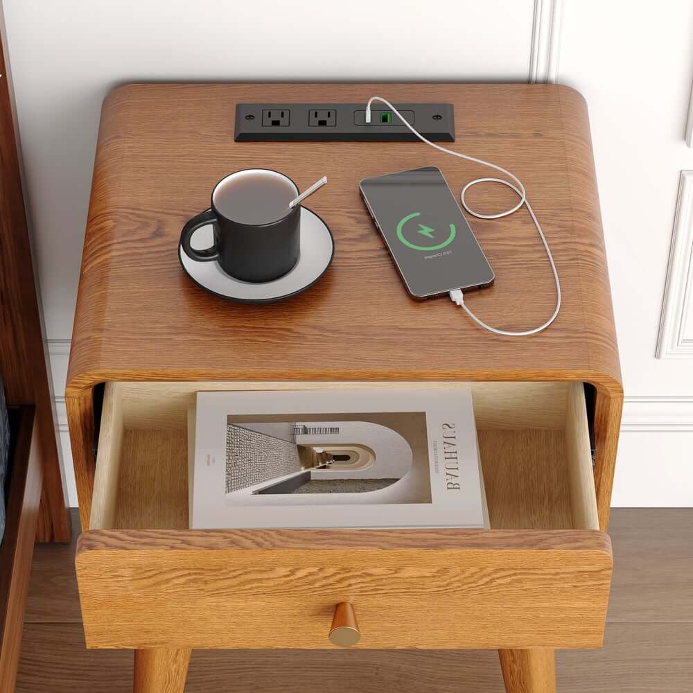 Mid-Century Modern Pine Wood Nightstand With Drawer