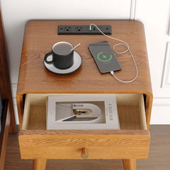 Mid-Century Modern Pine Wood Nightstand With Drawer