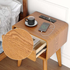 Mid-Century Modern Pine Wood Nightstand With Drawer