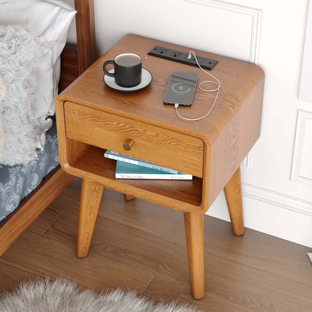 Mid-Century Modern Pine Wood Nightstand With Drawer