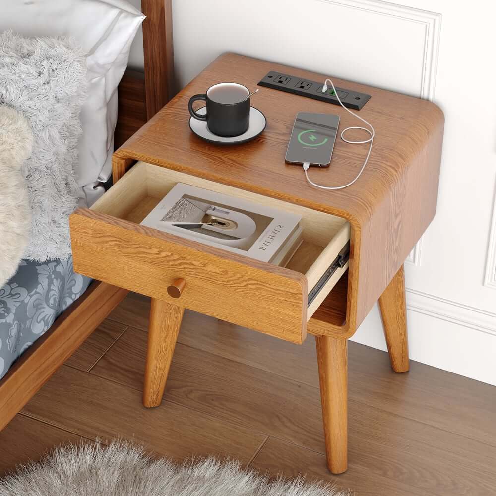 Mid-Century Modern Pine Wood Nightstand With Drawer