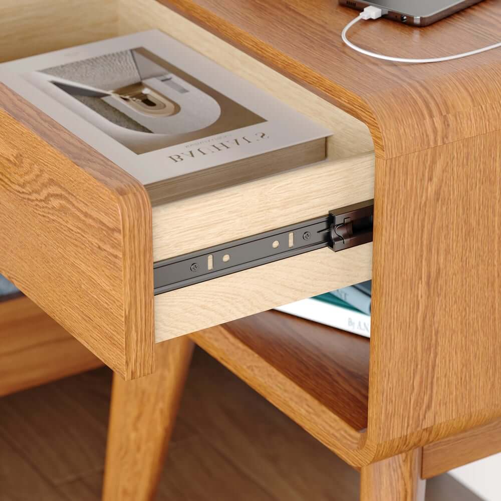 Mid-Century Modern Pine Wood Nightstand With Drawer