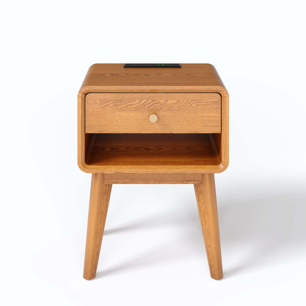 Mid-Century Modern Pine Wood Nightstand With Drawer