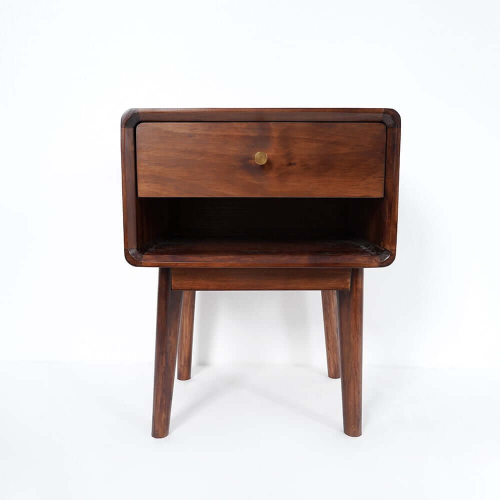 Mid-Century Modern Pine Wood Nightstand With Drawer