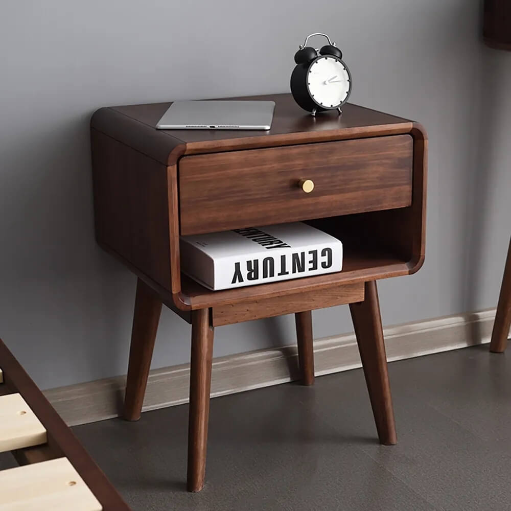 Mid-Century Modern Pine Wood Nightstand With Drawer