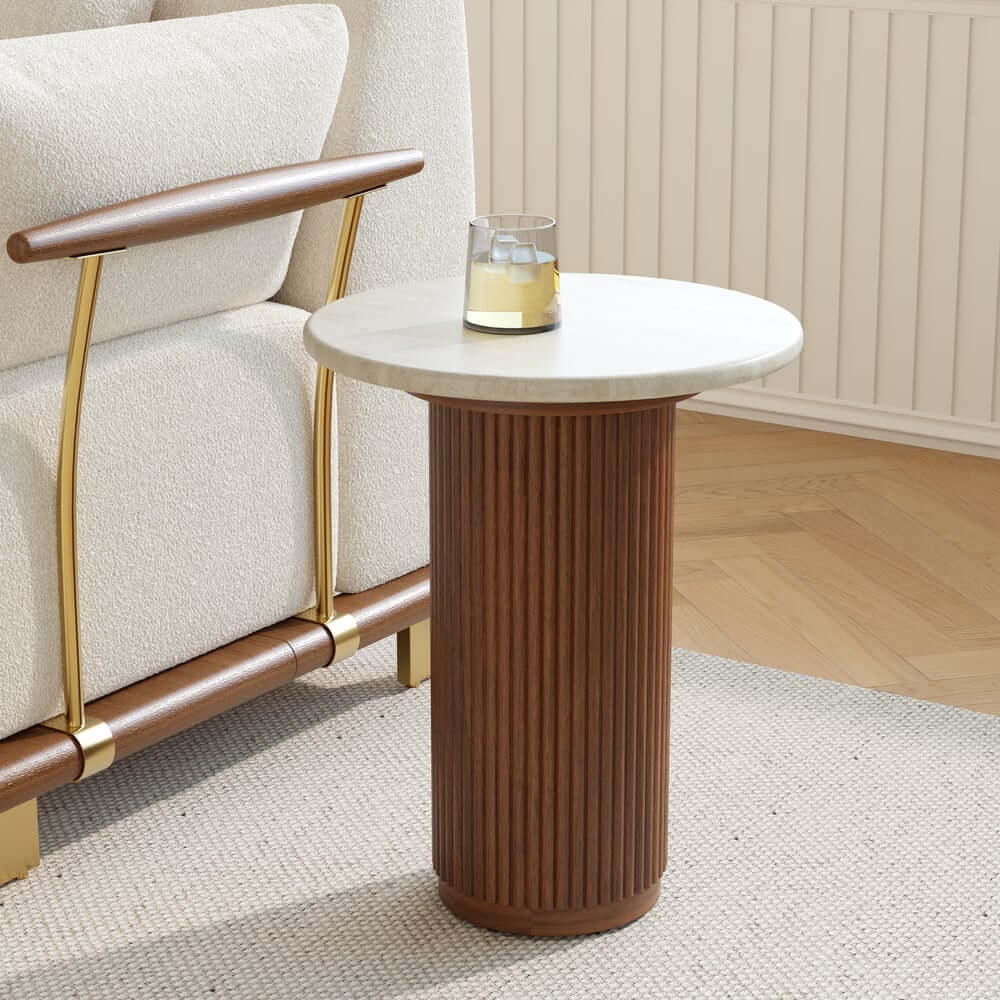 Mid-Century Modern Round Faux Marble Side Table, Walnut