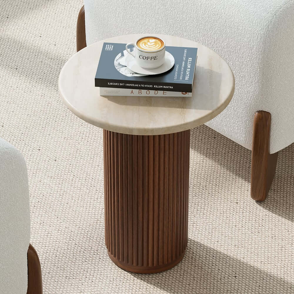 Mid-Century Modern Round Faux Marble Side Table, Walnut