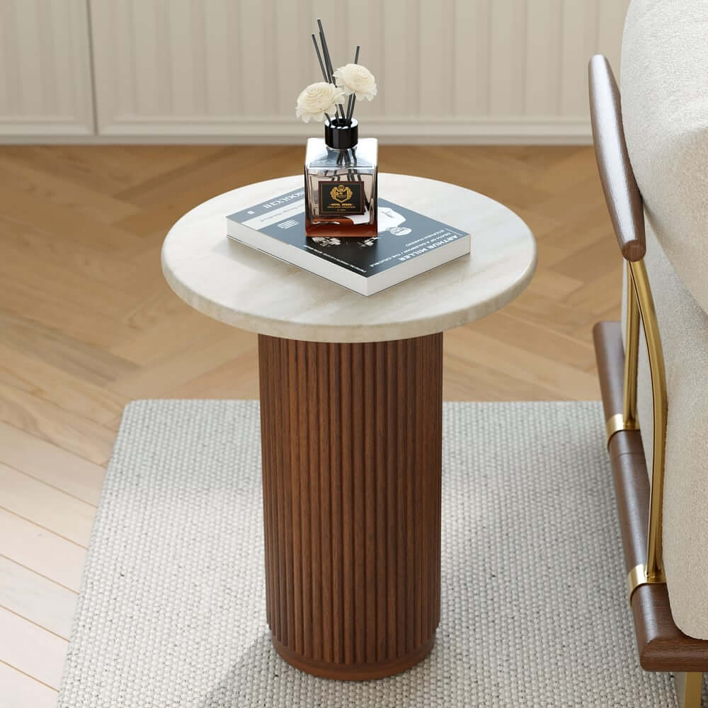 Mid-Century Modern Round Faux Marble Side Table, Walnut