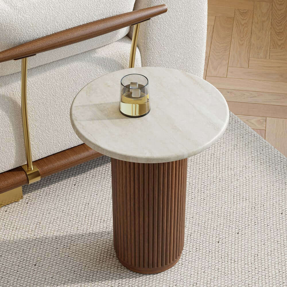 Mid-Century Modern Round Faux Marble Side Table, Walnut