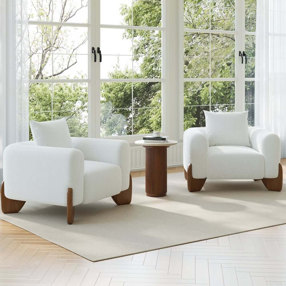 Mid-Century Modern Round Faux Marble Side Table, Walnut