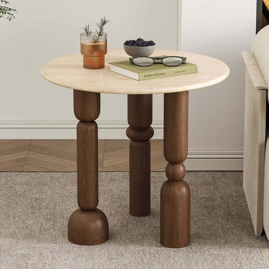 Mid-Century Modern Round Table With Travertine Top