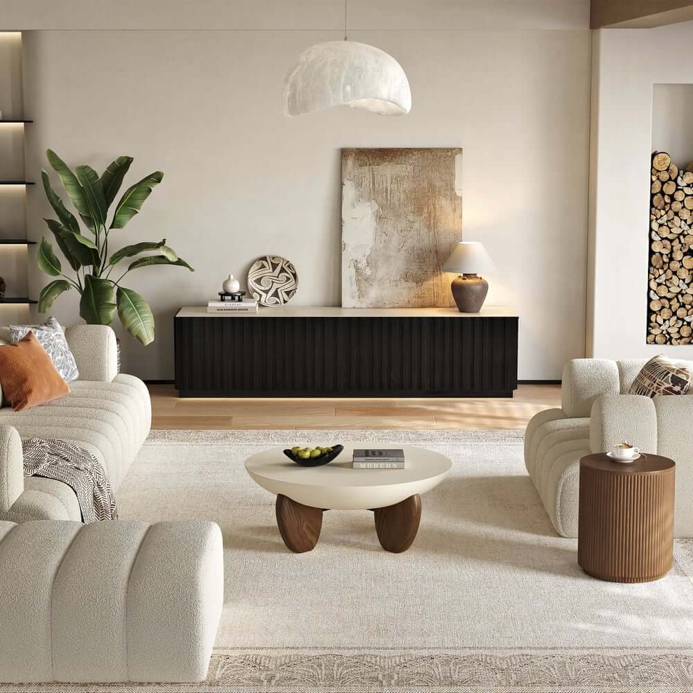 Mid-Century Modern Sintered Stone TV Stand With Doors