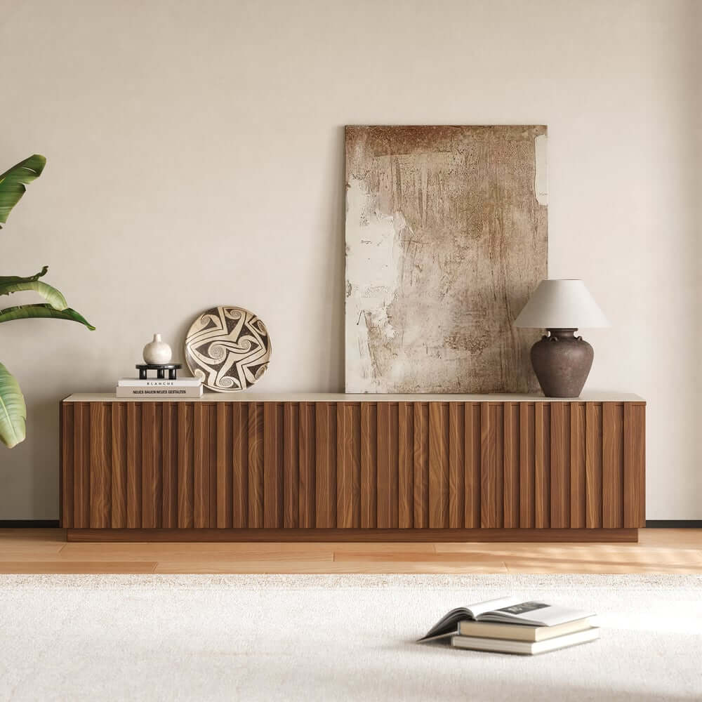 Mid-Century Modern Sintered Stone TV Stand With Doors