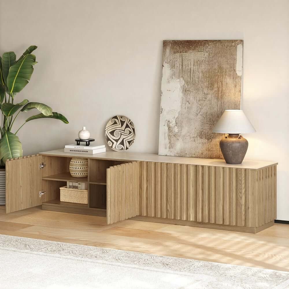 Mid-Century Modern Sintered Stone TV Stand With Doors