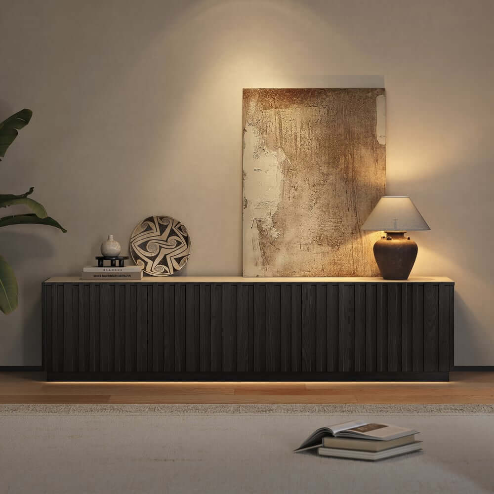 Mid-Century Modern Sintered Stone TV Stand With Doors