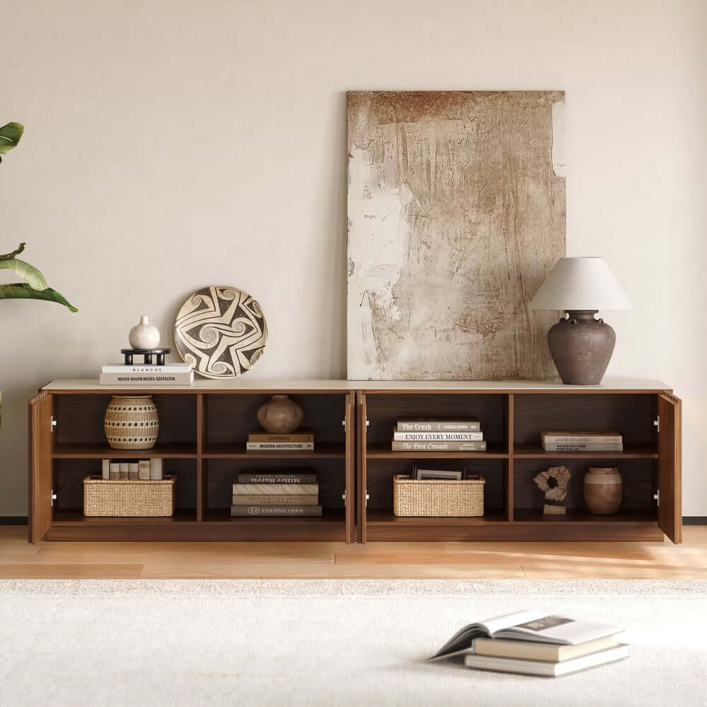 Mid-Century Modern Sintered Stone TV Stand With Doors