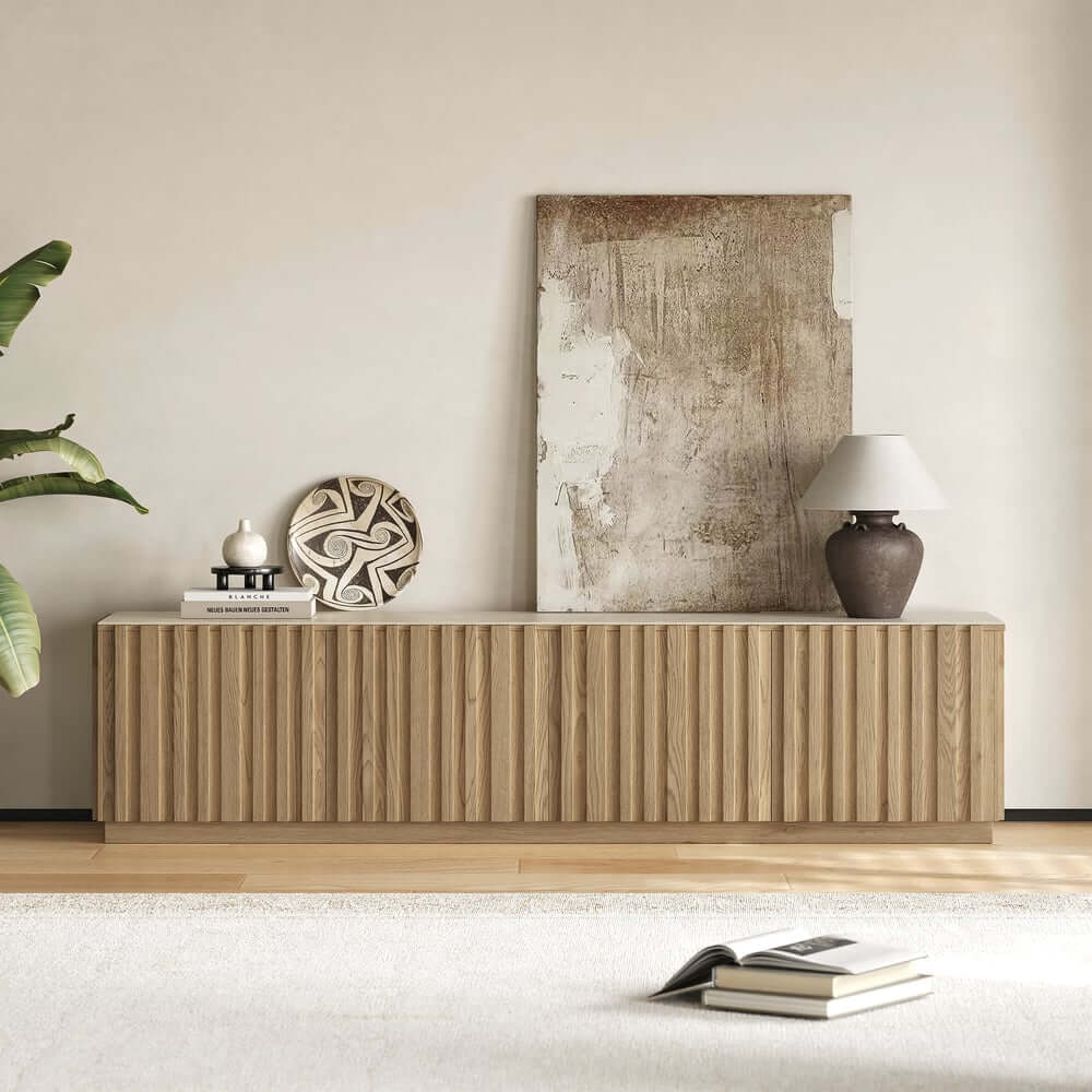 Mid-Century Modern Sintered Stone TV Stand With Doors