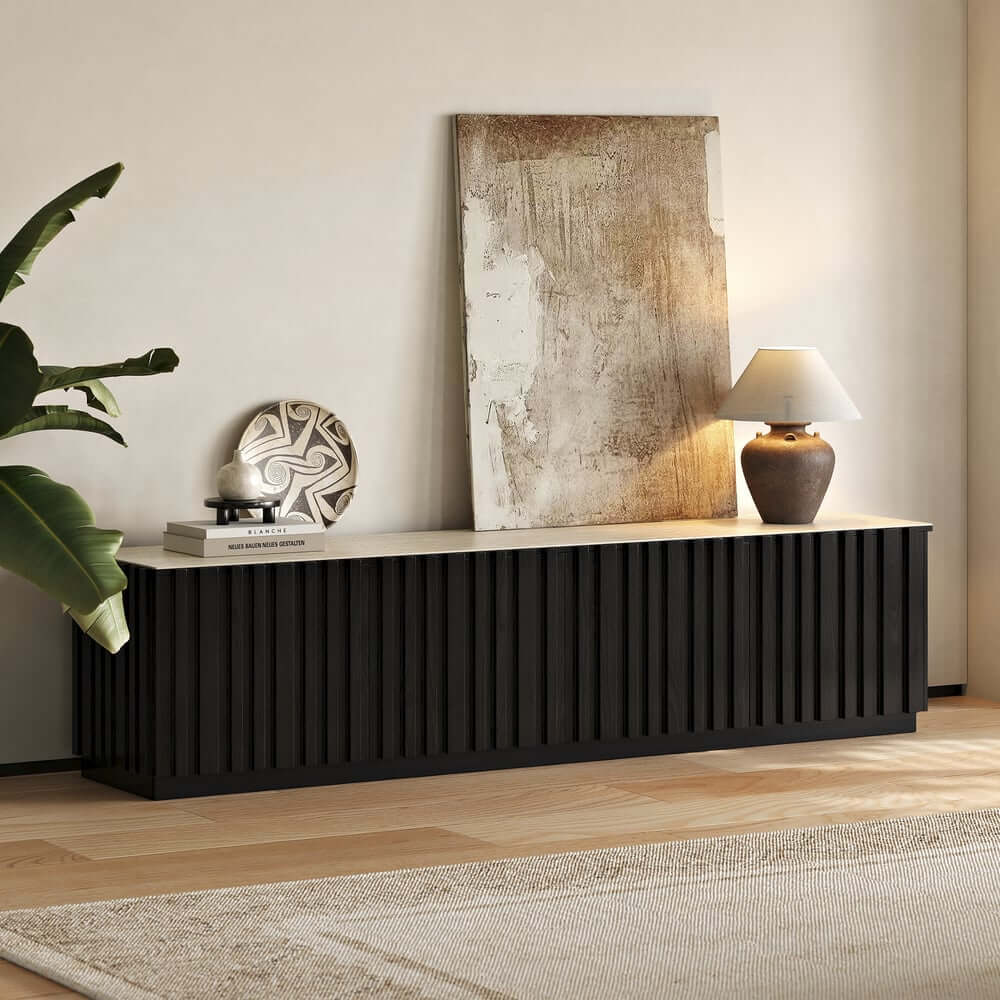 Mid-Century Modern Sintered Stone TV Stand With Doors