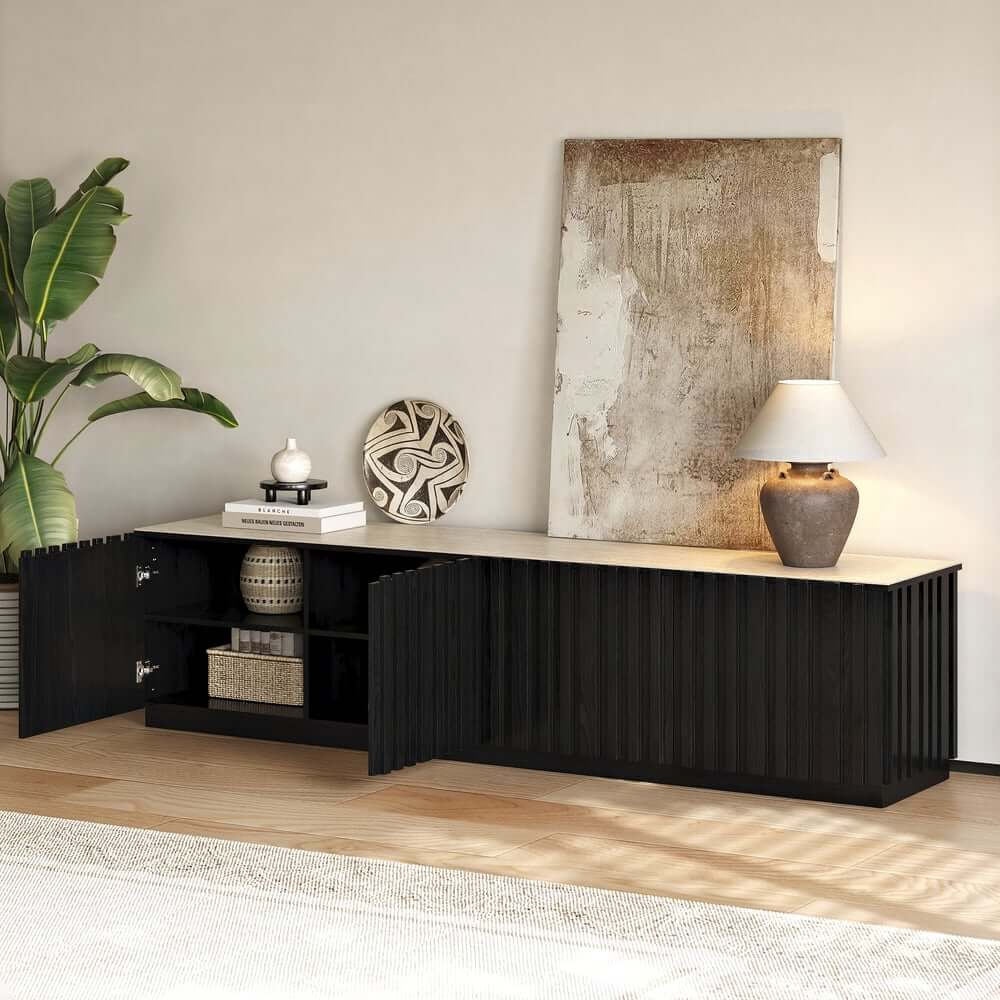 Mid-Century Modern Sintered Stone TV Stand With Doors