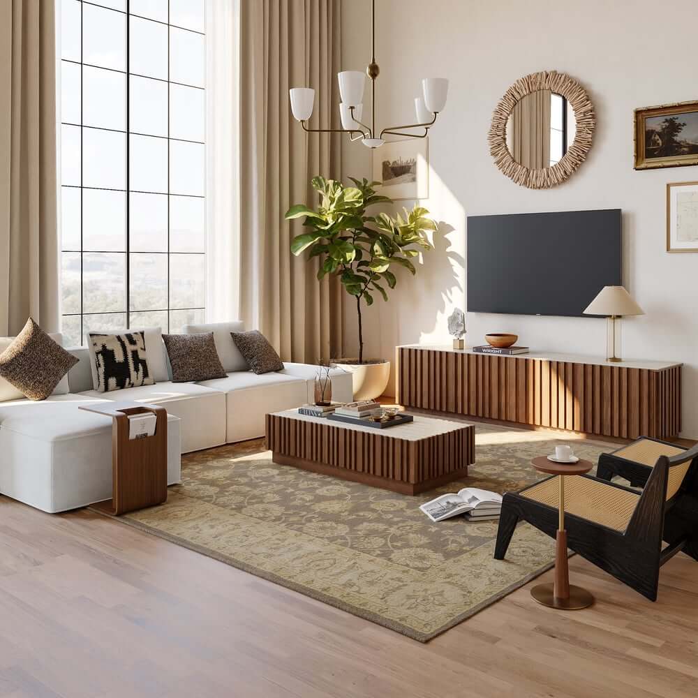 Mid-Century Modern Sintered Stone TV Stand With Doors
