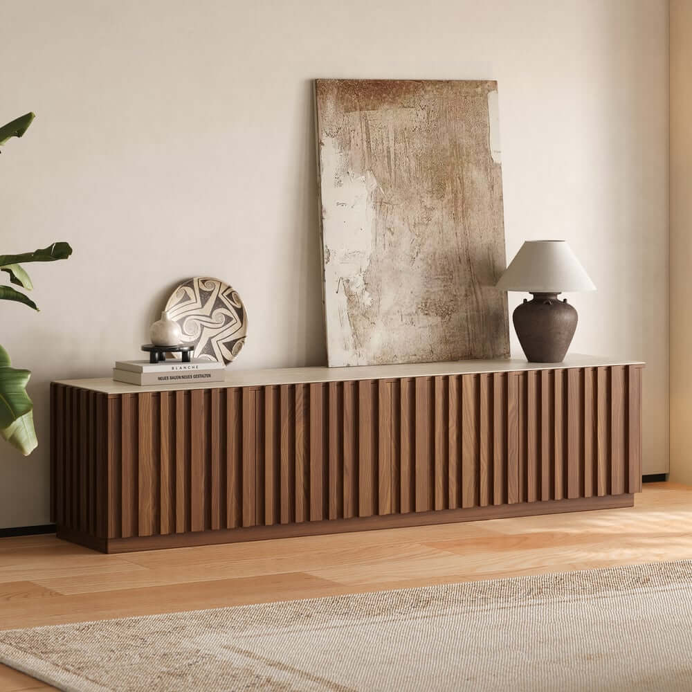 Mid-Century Modern Sintered Stone TV Stand With Doors