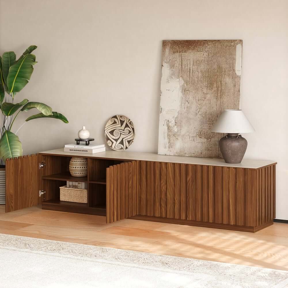 Mid-Century Modern Sintered Stone TV Stand With Doors