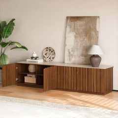 Mid-Century Modern Sintered Stone TV Stand With Doors