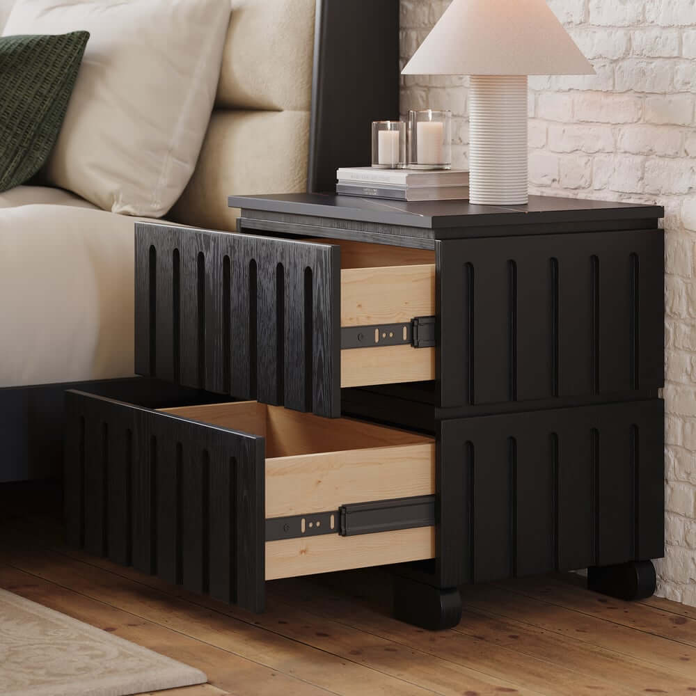 Mid-Century Modern Travertine Nightstand With Drawers