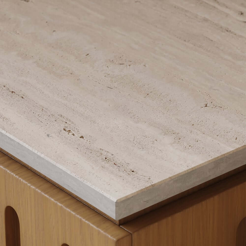 Mid-Century Modern Travertine Nightstand With Drawers