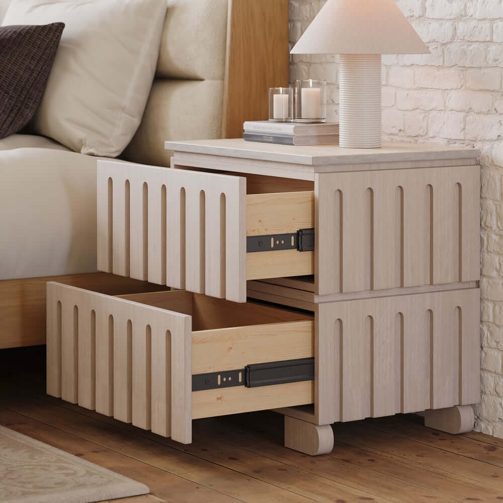 Mid-Century Modern Travertine Nightstand With Drawers