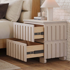 Mid-Century Modern Travertine Nightstand With Drawers