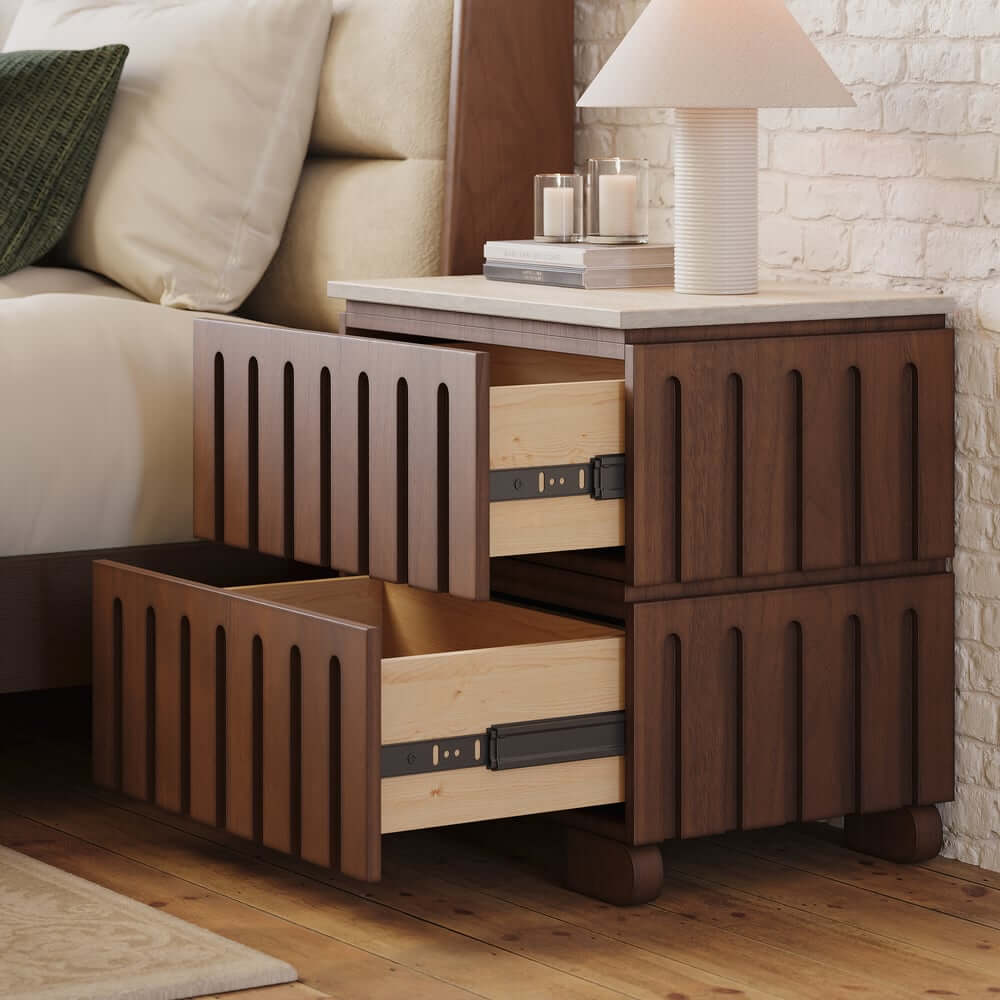 Mid-Century Modern Travertine Nightstand With Drawers