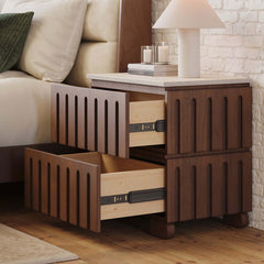 Mid-Century Modern Travertine Nightstand With Drawers