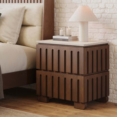 Mid-Century Modern Travertine Nightstand With Drawers