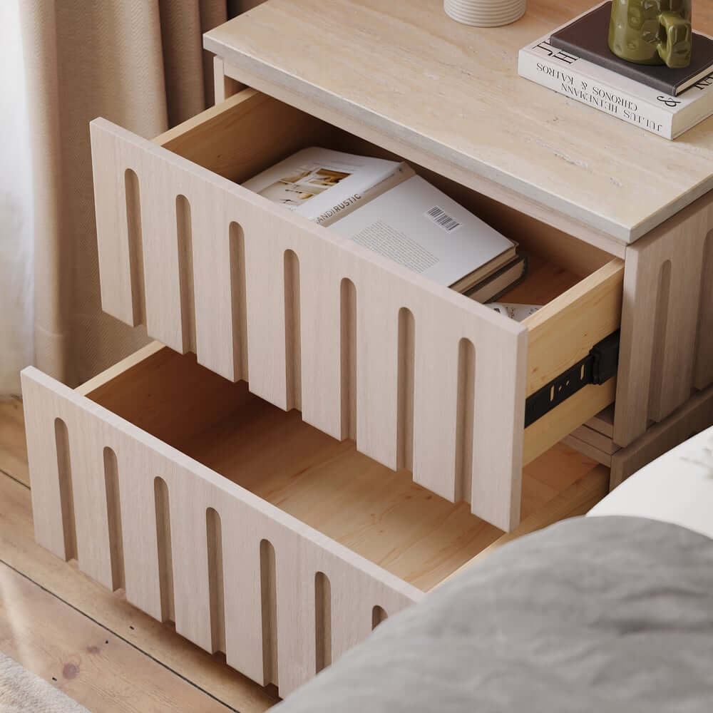 Mid-Century Modern Travertine Nightstand With Drawers