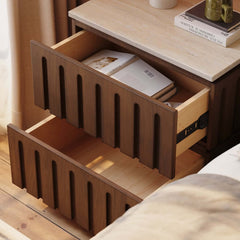 Mid-Century Modern Travertine Nightstand With Drawers