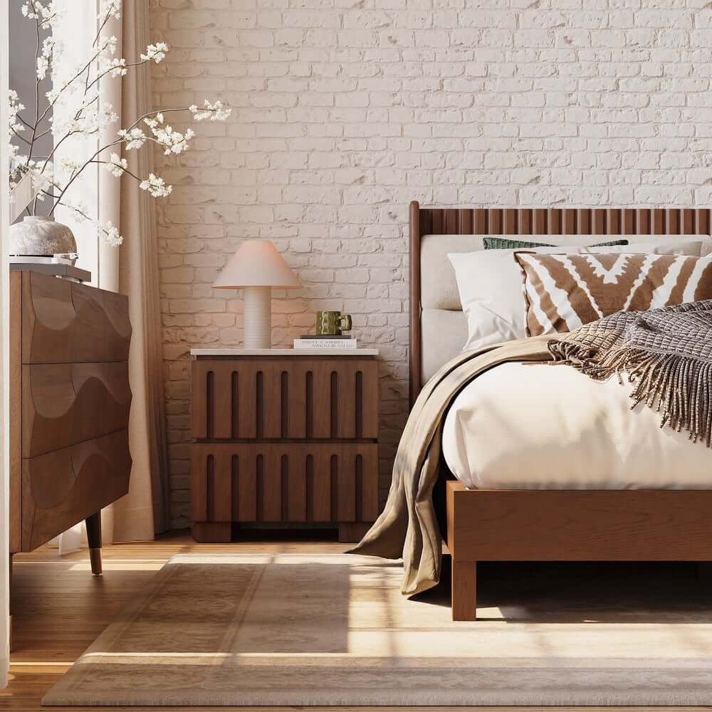 Mid-Century Modern Travertine Nightstand With Drawers