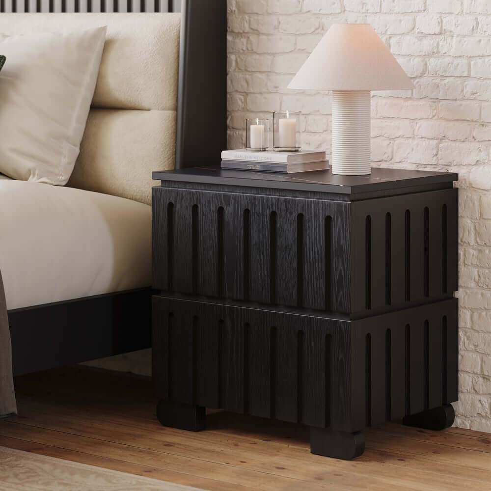 Mid-Century Modern Travertine Nightstand With Drawers