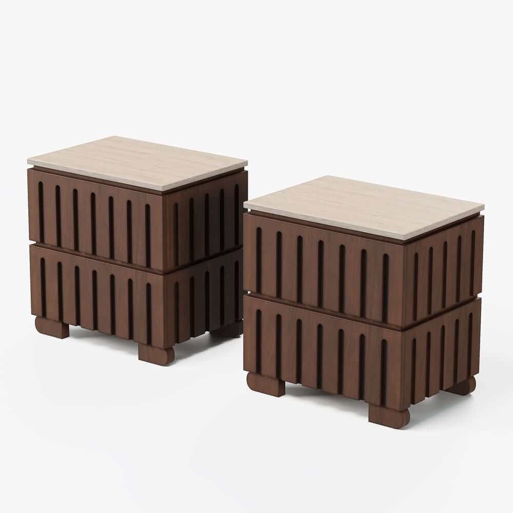 Mid-Century Modern Travertine Nightstand With Drawers